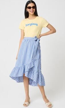 J.Crew Gingham Wrap Midi Skirt NWT M Blue White Cotton Poplin Tie Waist Medium